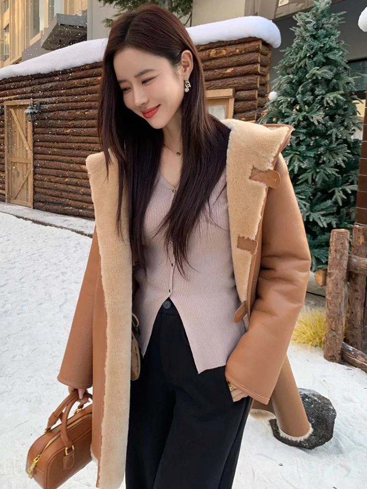 Mid-length Hooded Merino Sheep Fur Jackets Women High-end Simple Double-sided Wear Design Winter Genuine Leather Real Fur Coat