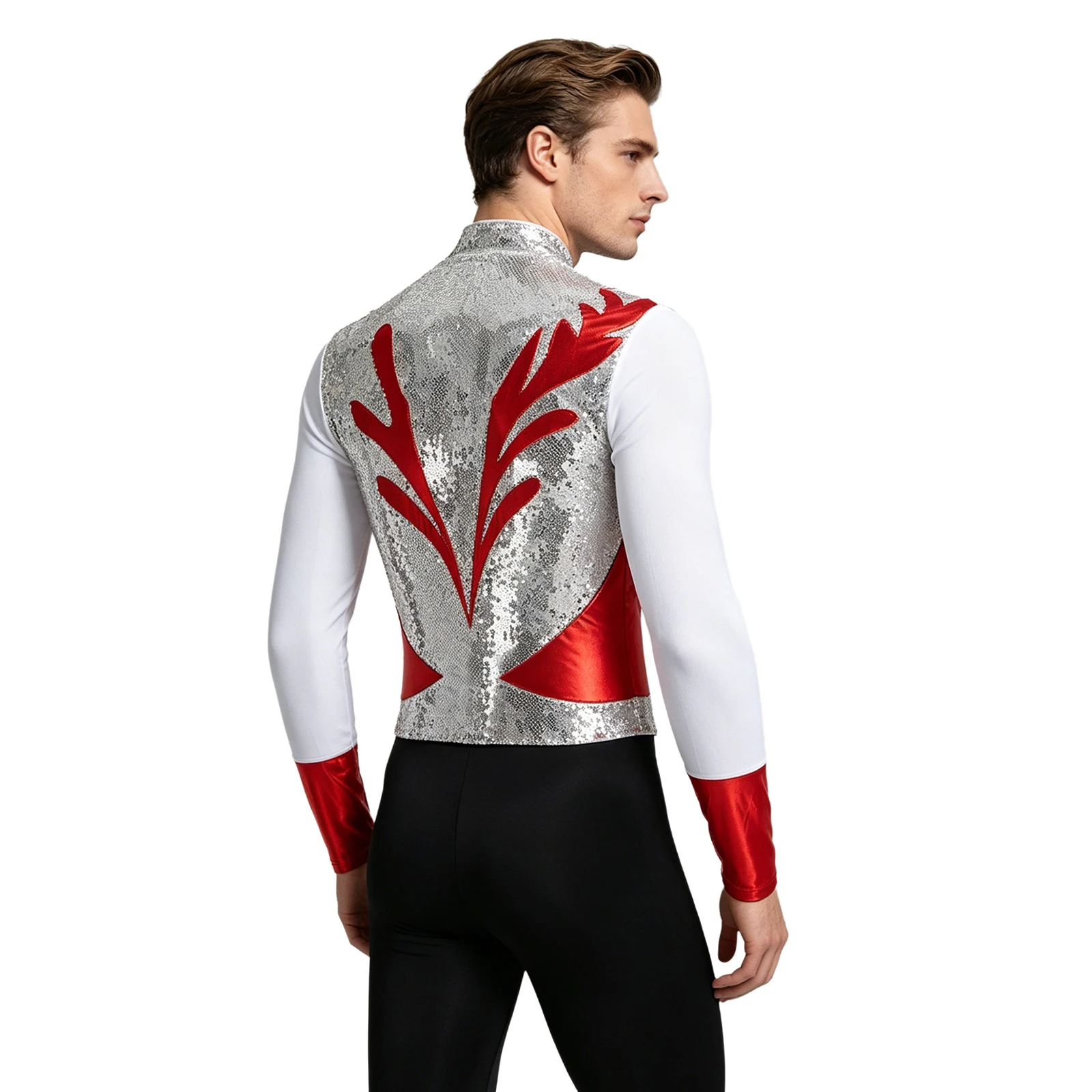Herren Gymnastik Latin Ballett Tanz Performance Eiskunstlauf Kostüm Glitzer Strass Mesh Trikot Overall Bodysuit Shirts – Detail 24