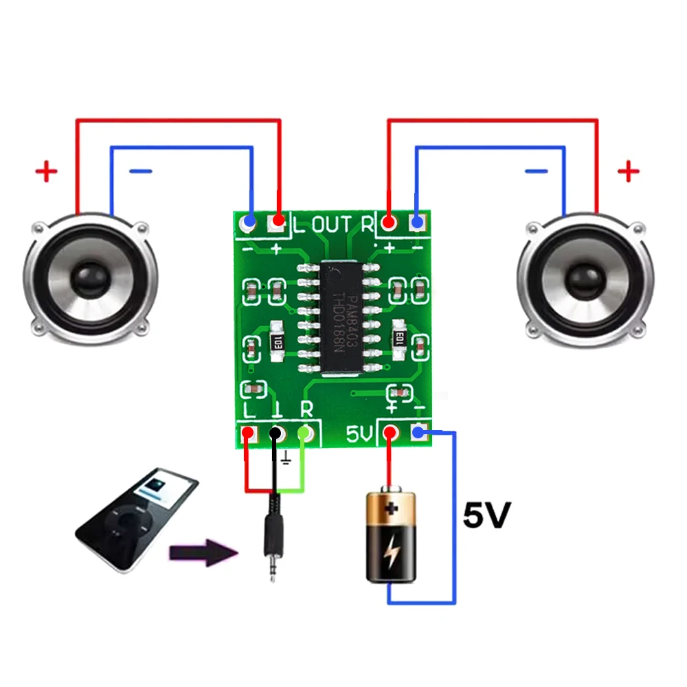 5PCS PAM8403 Super mini digital amplifier board 2 * 3W Class D digital amplifier board efficient 2.5 to 5V USB power supply