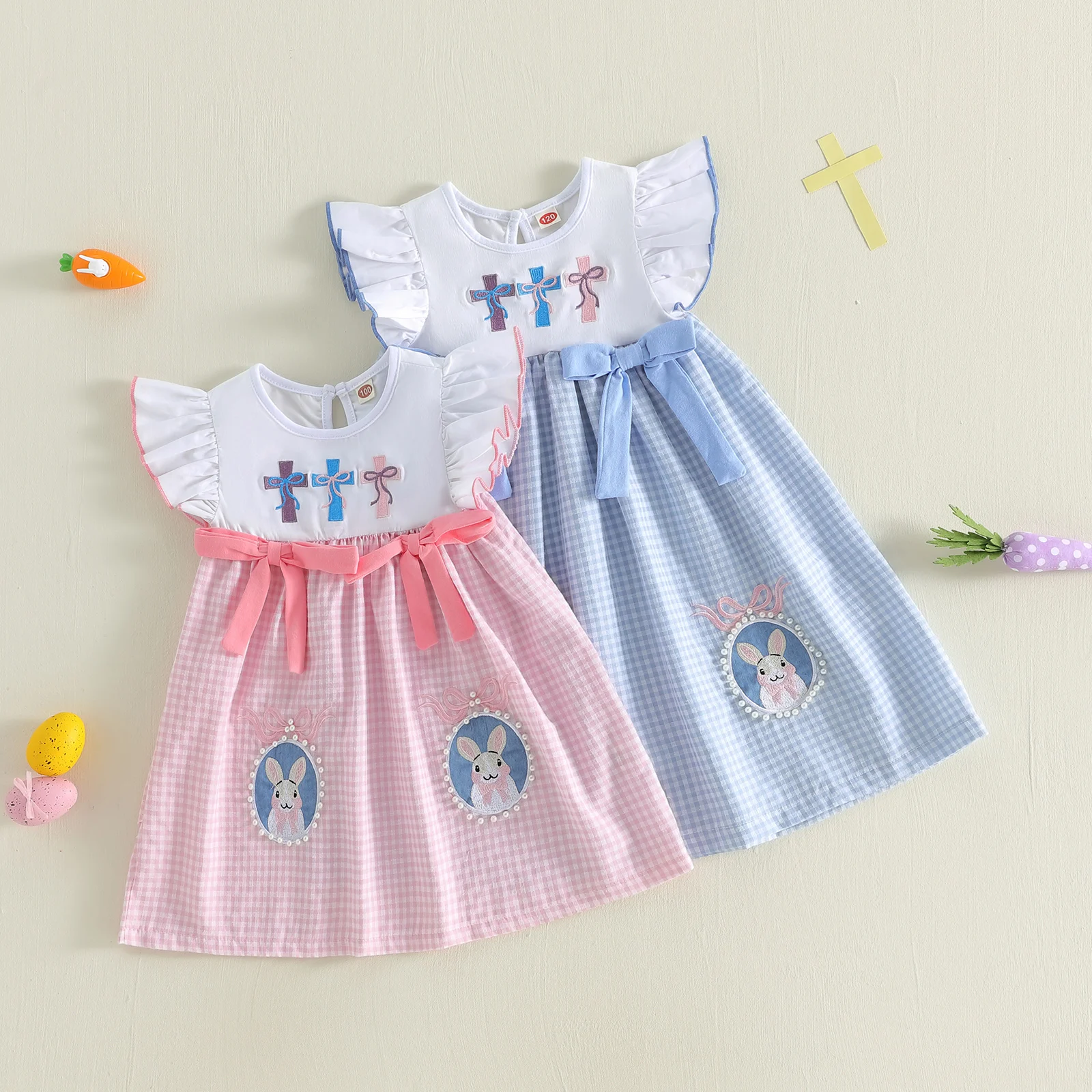 

Toddler Girl Easter Dress Cross Bow Embroidery Round Neck Flying Sleeve A Line Dress 12M-7T