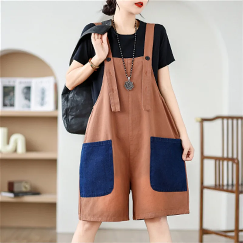 Woman Contrast Pockets Denim Button Overalls Summer New Fashion Loose Fit Wide Leg Patchwork Streetwear Knee Length Short Romper