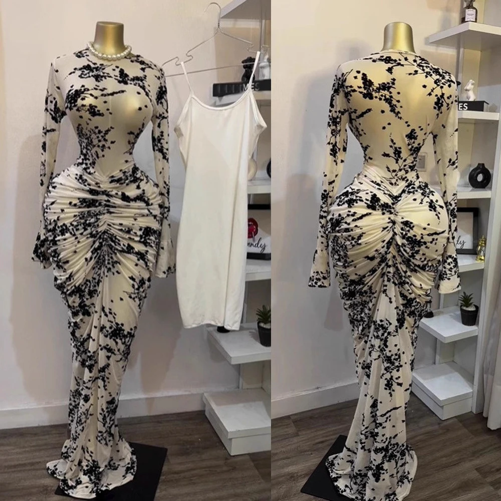 

Сексуальное платье-двойка: женский комплект из двух предметов с длинными рукавами, многослойной сеткой, цветочным принтом и плиссировкой, макси-платье с топом-майкой для вечеринок и дней рождения