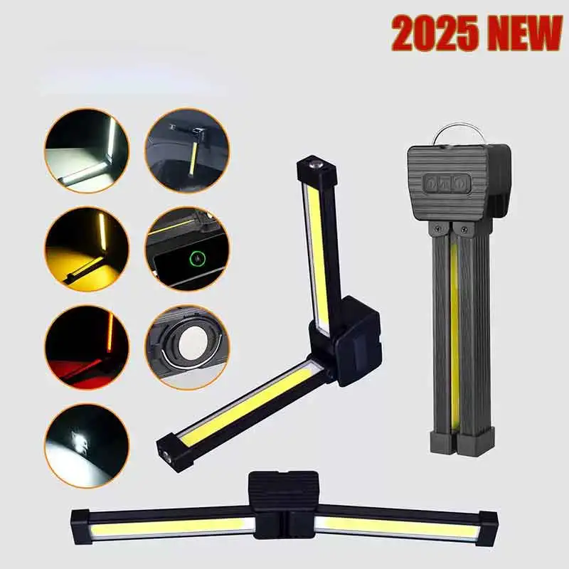 

2025 Новый мощный светодиодный рабочий фонарик, наружное освещение для кемпинга, авторемонтный рабочий фонарь с магнитом, складной COB-светильник с батареей