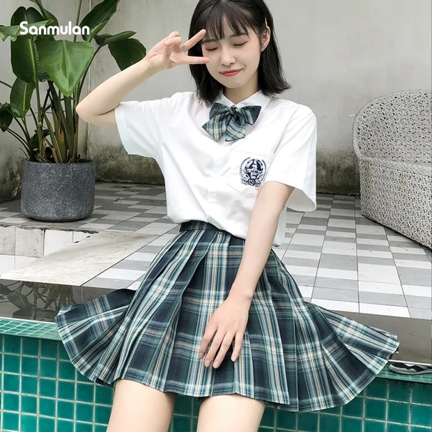 Korean and Japanese Jk Uniform Plaid Skirt Suit Gray Green High Waist Skirt College Style Pleated Skirt School Uniform Cosplay