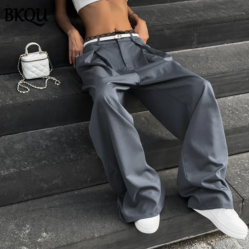 BKQU Gray Baggy Suit Pants Woman Lace Patchwork Korean Fashion Office Ladies Wide Leg Trousers 2024 Streetwear Oversized Slacks