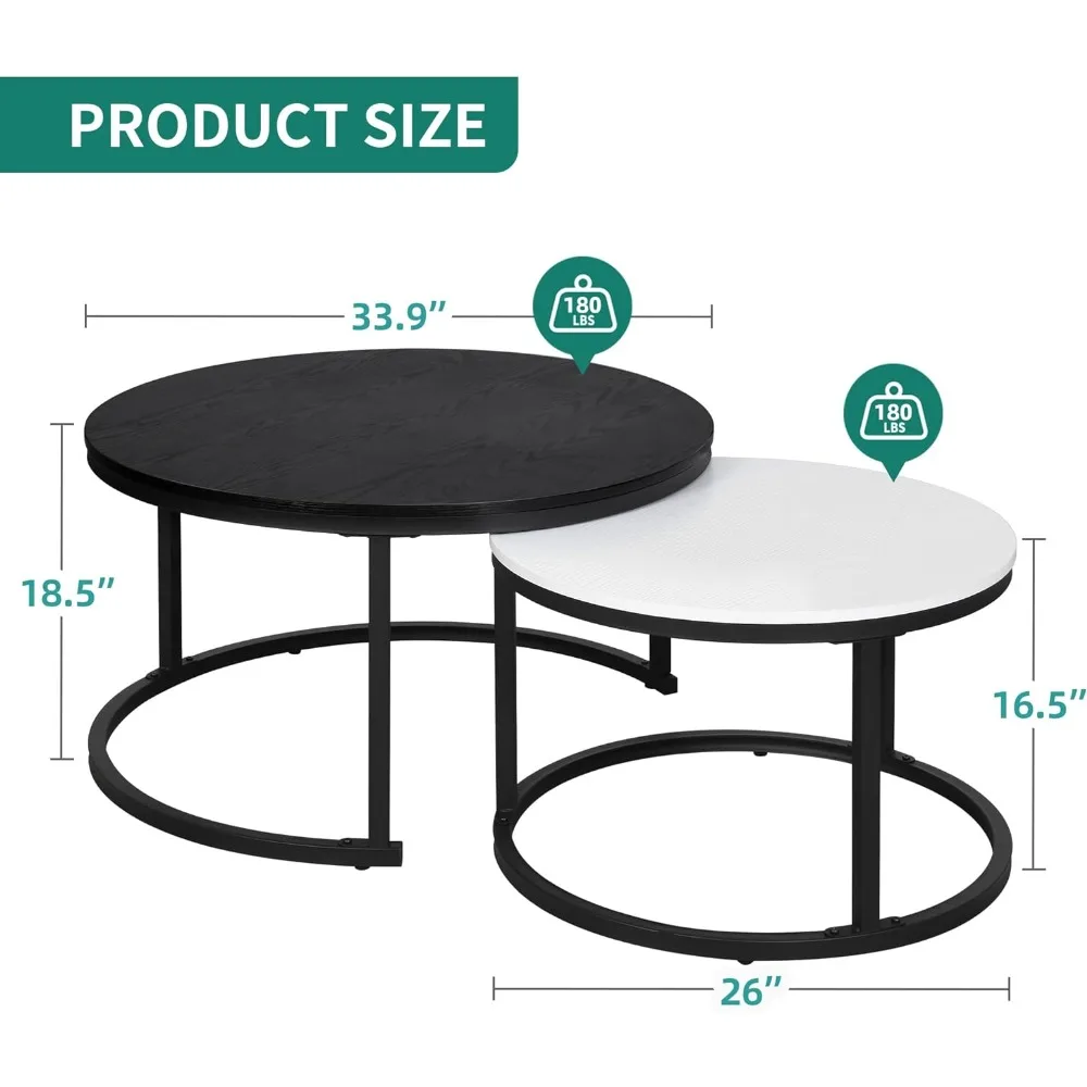 Mesas de café para sala de estar, mesas redondas de madeira, resistente armação metálica, preto e branco, conjunto de 2