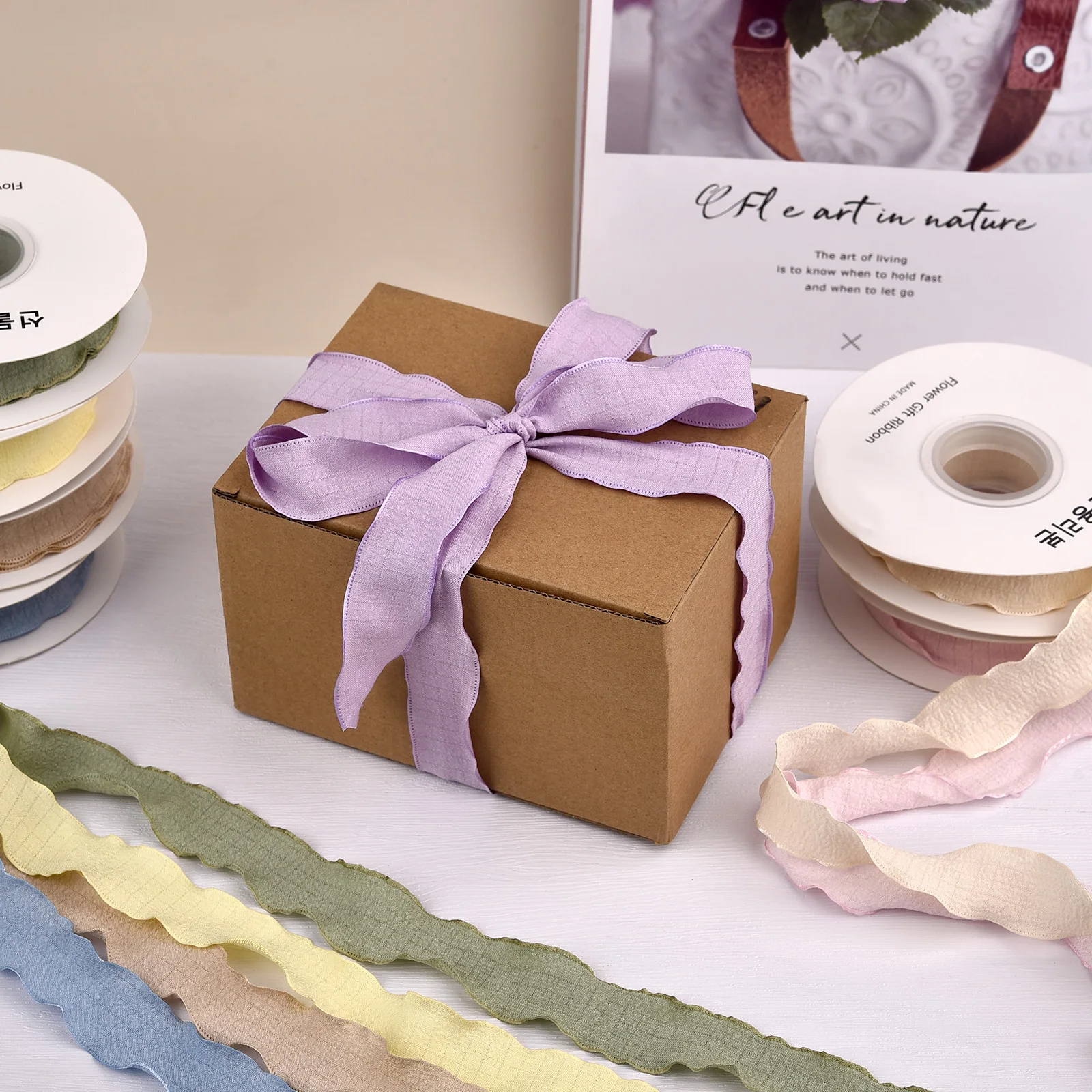 Nastro con bordo ondulato a coda di pesce da 10 metri Confezione regalo fai-da-te Confezione di bouquet di fiori Nastri in filato con fiocco Bar Decorazioni regalo fatte a mano