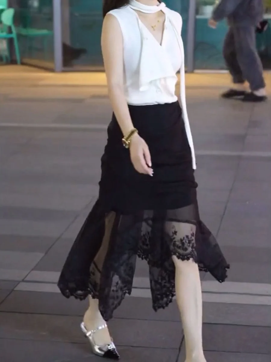 

Американская модная юбка-миди с кружевными вставками и однотонным дизайном, тренд лета 2024, новая повседневная универсальная модель