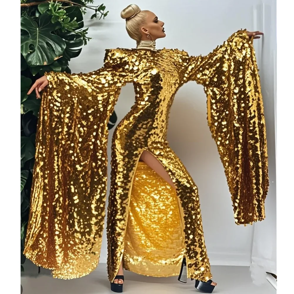 

Luxury Sparkle Gold Sequined Split Long Formal Dresses With Oversize Puff Sleeves Costumes For Stage Show