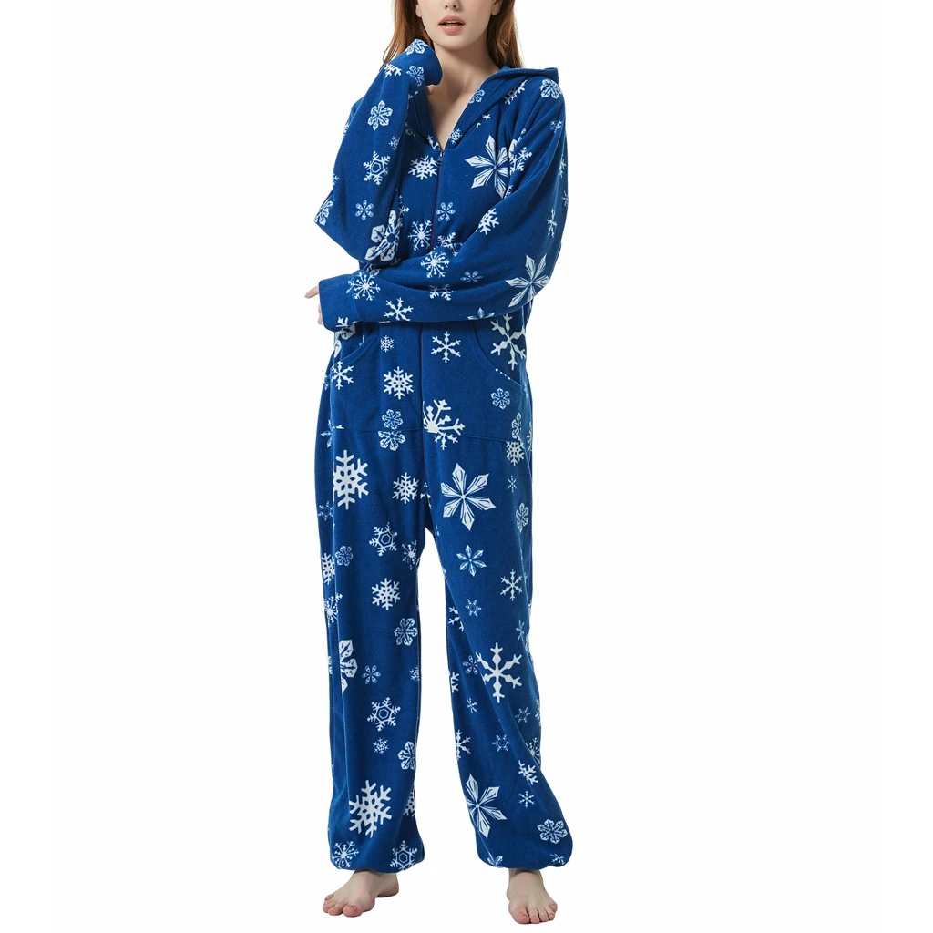 HEZIOWYUN Women\'s Christmas Zipper Pajamas Oneseies Jumpsuit Reindeer/Snowflake Print Long Sleeve Hooded Nightwear with Pockets