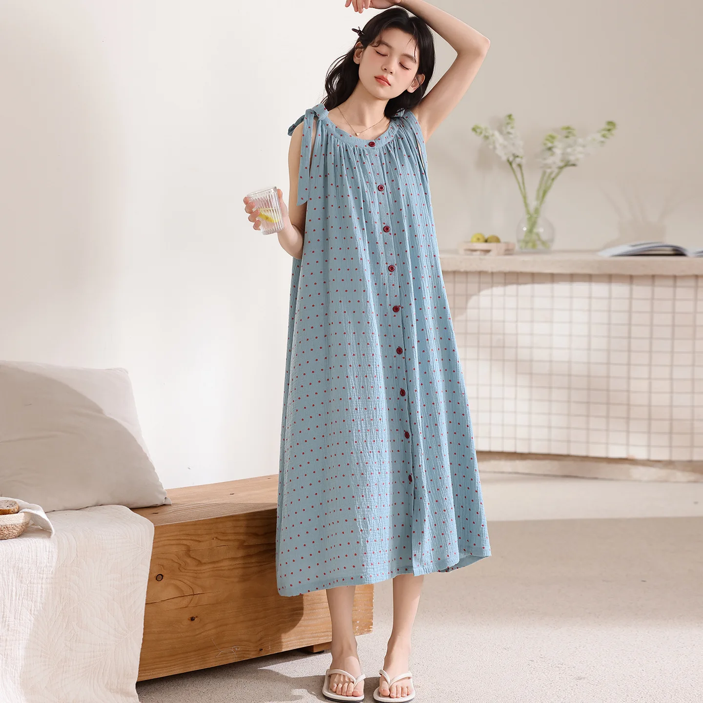 Korean New Fashion Women's Nightdress Summer Long Sleep Dress Spaghetti Strap Young Girl Female Sleepwear Mujer Pyjamas 4