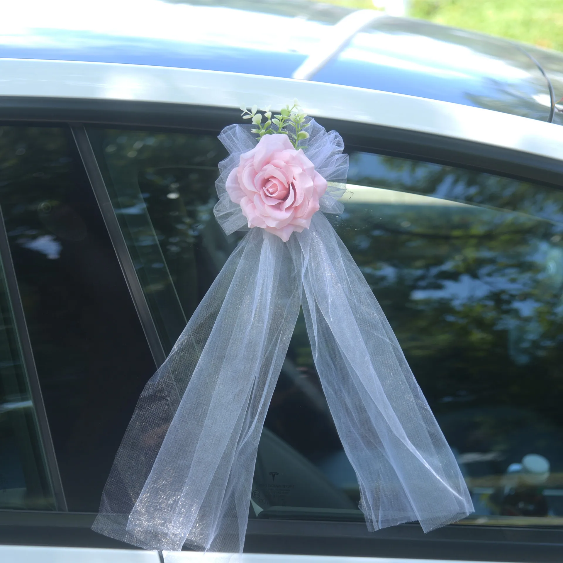 Wedding Car Flowers Set - Rearview Mirror Flowers with Bows, Door Handle Flower Decorations,Silk Rose Bouquet for Bridal Vehicle