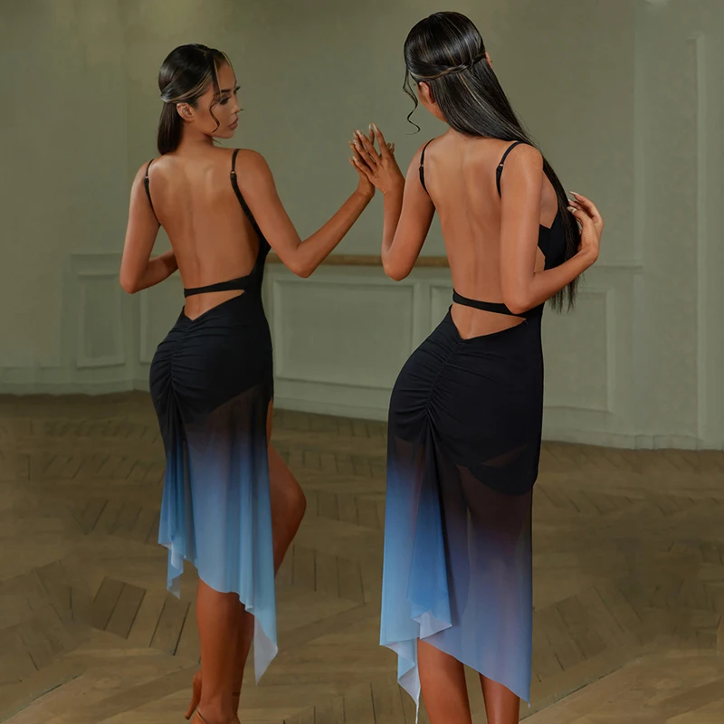 섹시한 백리스 컷아웃 라틴 댄스 드레스 여성 라틴 댄스 대회 드레스 불규칙한 그라데이션 라틴 댄스 드레스 SL9028