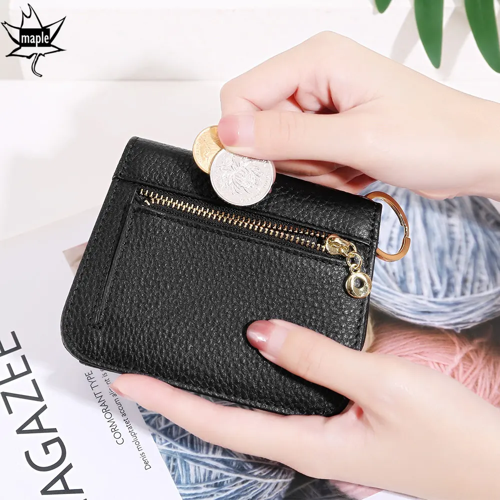 Luxury 100% Cowhide Leather Wallets with Key Ring Lady Small Coin Pocket Rfid Card Holder Mini Money Bag Portable Clutch Pink