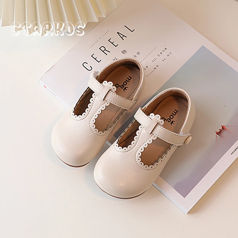 Toddler Child T-Strap Mary Jane Shoes Girls Spring Leatherette Loafers Baby Kid Retro Ballet Flats with Lace Trimmings