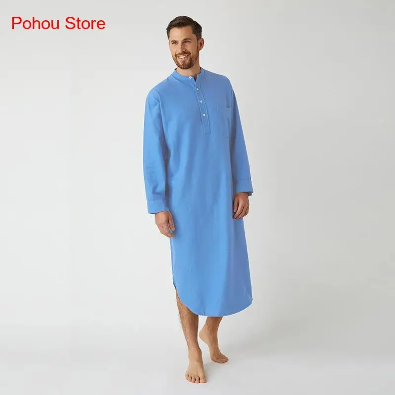 Spring and Autumn Muslim Arab Nightgown Long Sleeved Button Solid Color Shirt Long Robe for Men