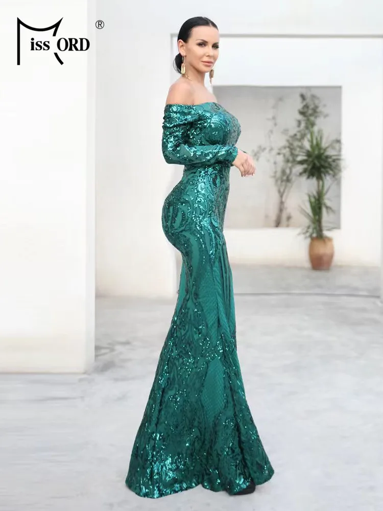 Missord Elegant Green Sequins Evening Dresses Women Off Shoulder Long Sleeve Bodycon Prom Party Dresses Formal Occasion Gown