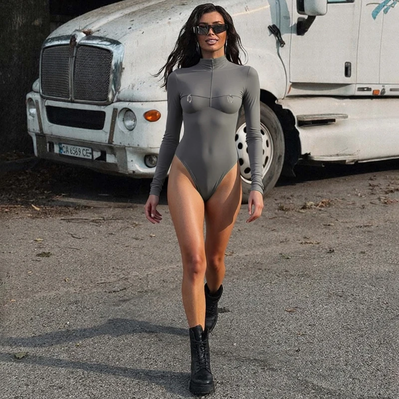 メタルリング装飾ボディスーツ女性ジップタートルネックフルスリーブスキニーハイストレッチホットガールストリートファッションクラシックトップス