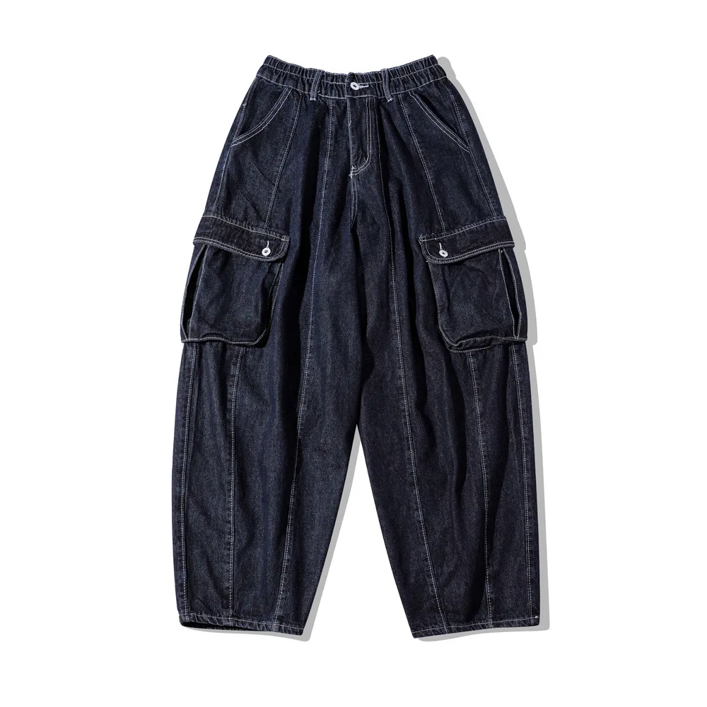 

Straight Jean Ankle Length Lantern Pants Men Jeans Washed Solid Distressed Loose Fit Denim Zipper Fly Casual 2025 Pockets