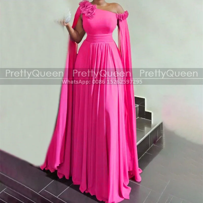 Plus Size A Line Mother of the Bride Dresses Customized Flowers Off Shoulder Hot Pink Chiffon Prom Dress Party For Women