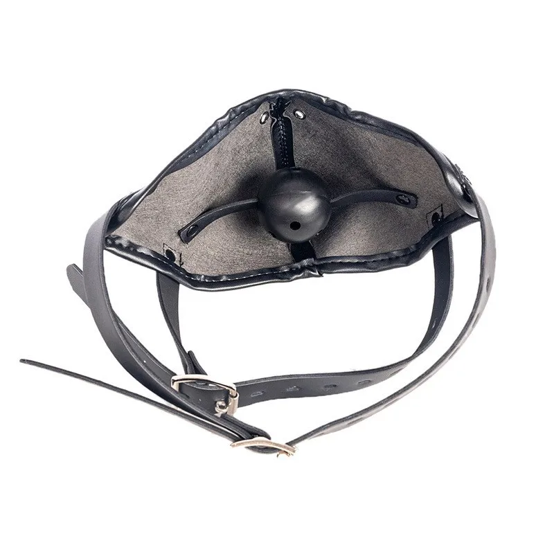 BDSM Bondage Harness Leather Hood Mask with Hard Ball Mouth Plug Ball Gag for Fetish Restraint Game Adult Pleasure Sex Toys