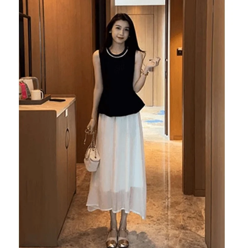 Camisas sin mangas negras elegantes para mujer, faldas de gasa, trajes de dos piezas, camisetas sin mangas negras ajustadas para verano 2025, trajes de faldas