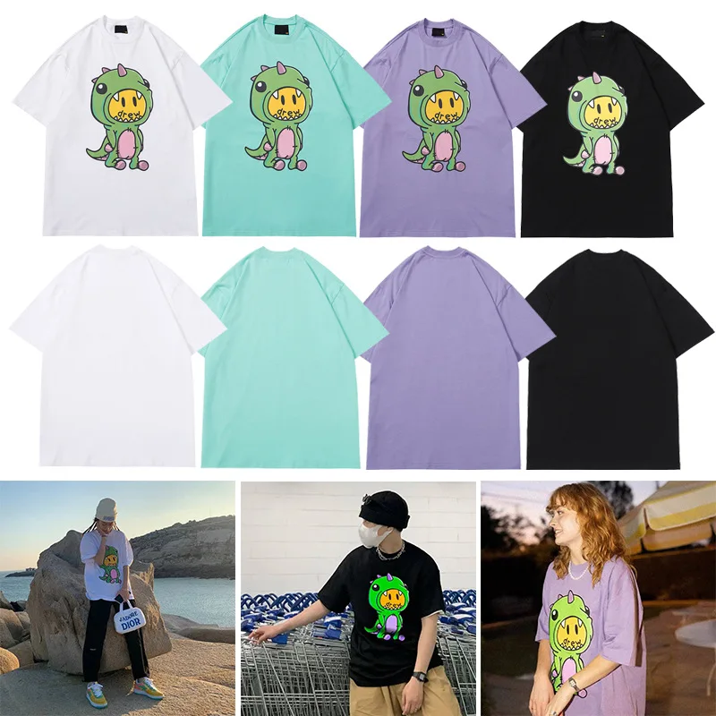 درو هاوس جودة عالية وجه مبتسم الطفل ديناصور قصيرة الأكمام تنوعا عالية الشارع المتضخم للجنسين 100% القطن تي شيرت