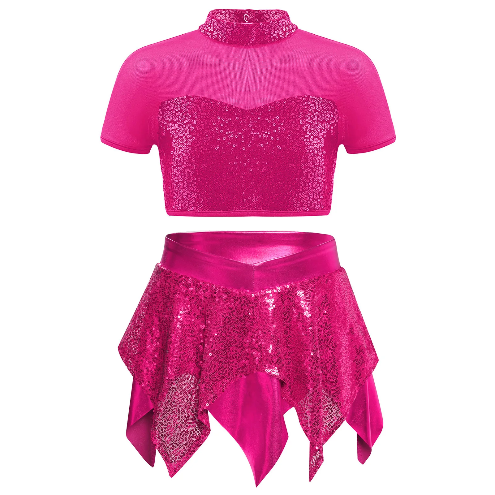 

Kids Girls Jazz Latin Dance Outfit Short Sleeve Mesh Cutout Back Shiny Sequins Crop Top with Metallic Skirt for Stage Dance Show