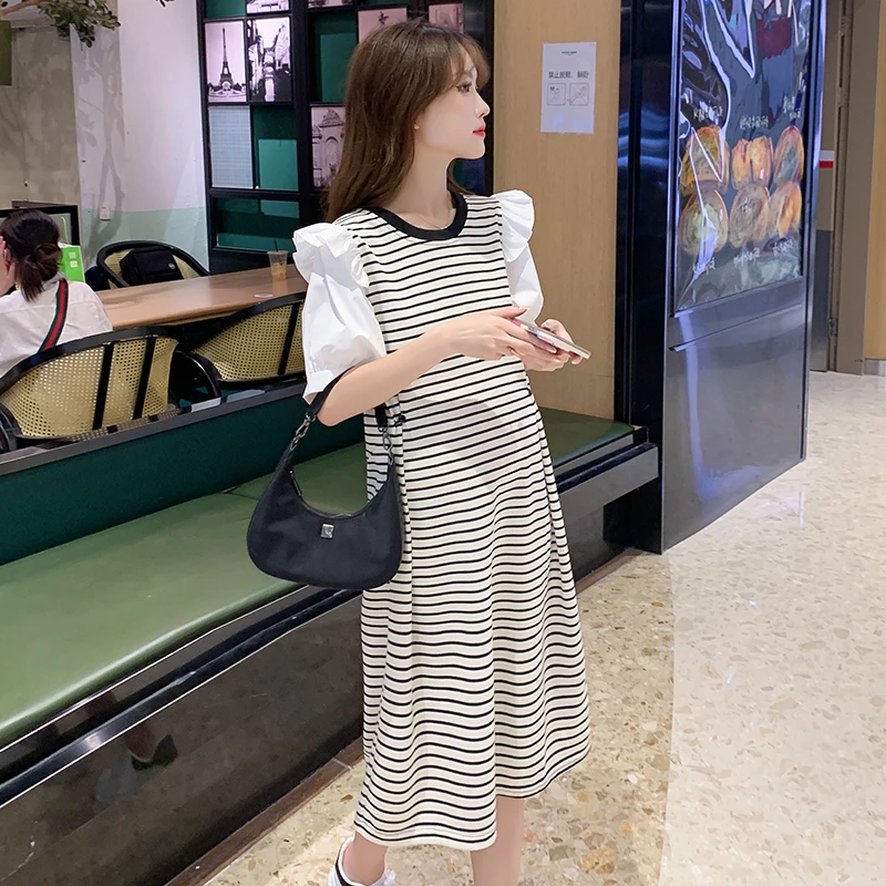 

2024 Summer Maternity Dress Ruffles Patchwork Puff Sleeve O-Neck Faux Two Pieces Adjustable Waist Pregnant Woman Striped Dresses