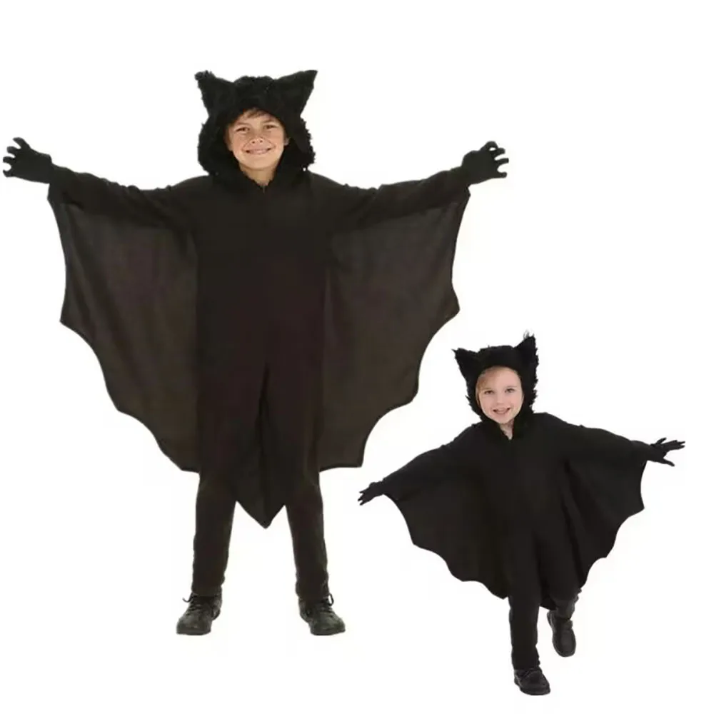 2024 Halloween Unisex Kids Cosplay costume Bat Cape Overall Black Batwing sleeve Hooded Cloak Cute Stage costume for children