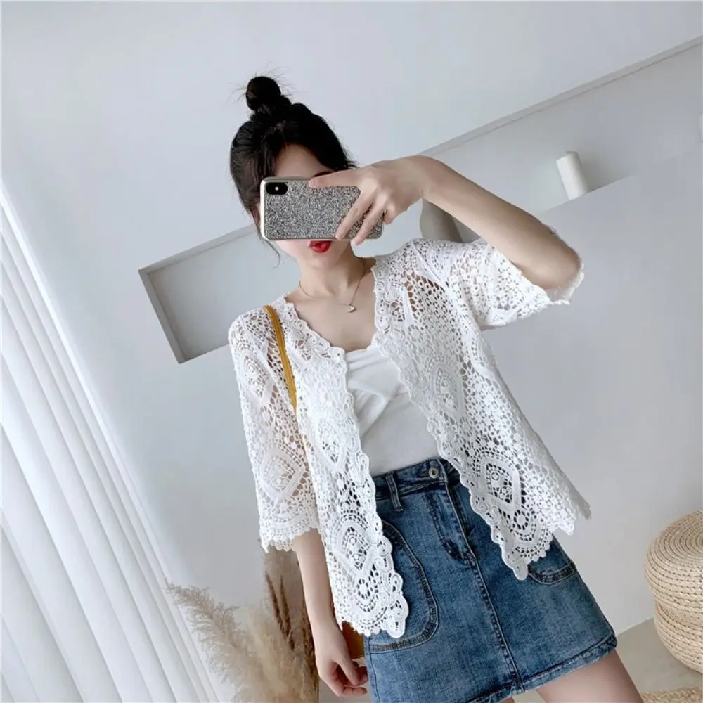 

Fashion 3/4 Sleeves Knitted Shrug Hollow Boho Style Mesh Sweater Lace Cardigan Women