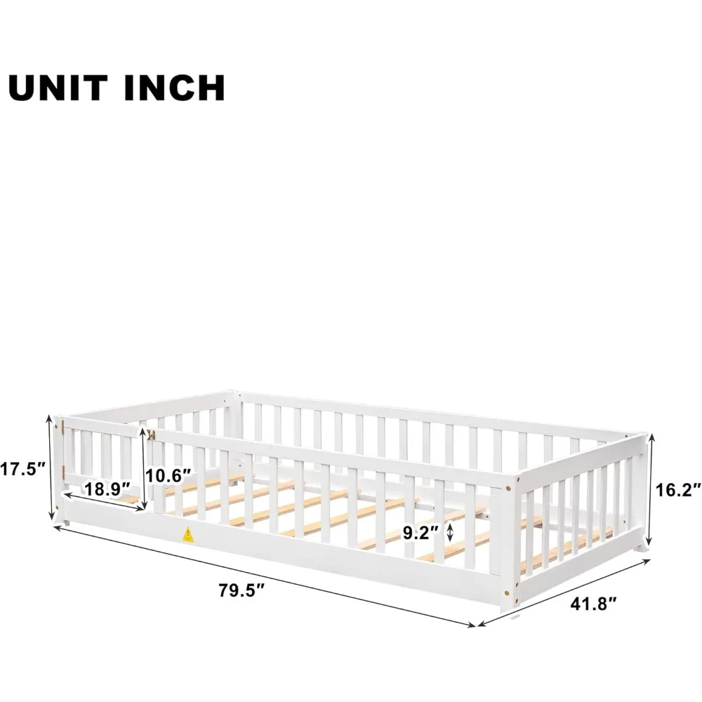 Twin Size Floor Bed Frame with Safety Fence and Door, Wood Montessori Floor Bed with Slat Support,Toddler Floor Bed Frame for