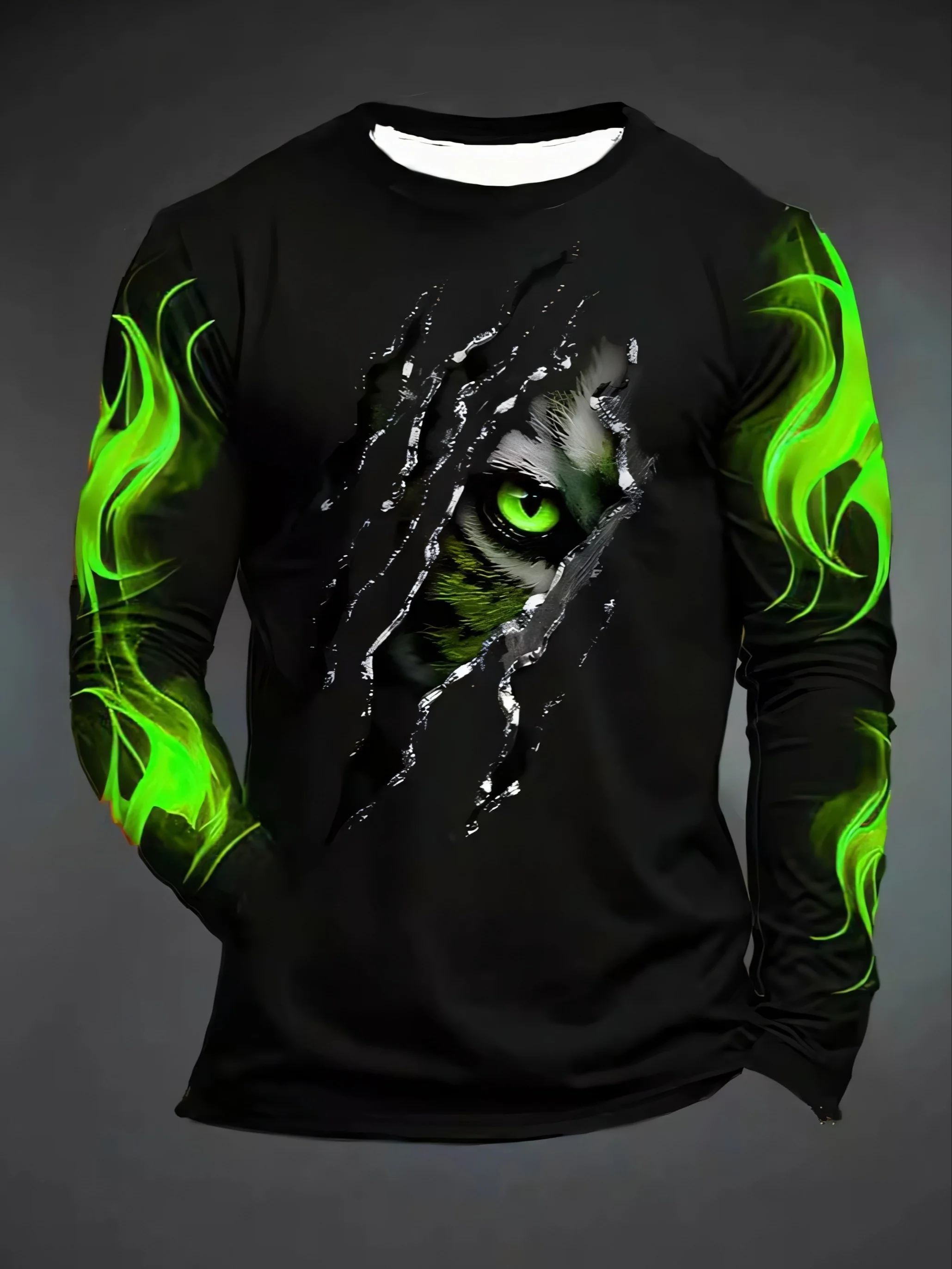 

Men'S 3D Flame Rose Print Long Sleeve T-Shirt, Casual Sports Crew Neck Top, Geometric Pattern Knit Fabric with Slight Stretch,