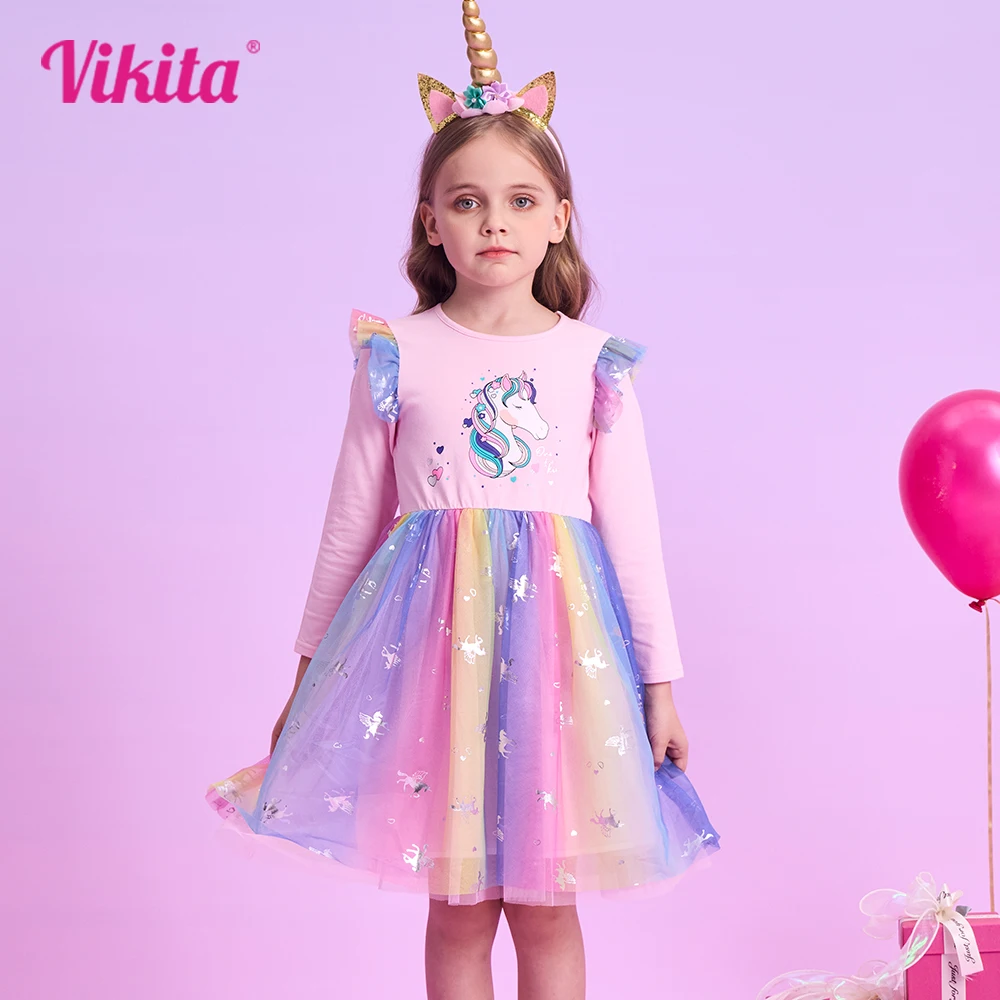 VIKITA Kids Colorful Rainbow Dress Girls Licorne Cartoon Autumn Spring Birthday Party Princess Casual Flare Sleeve Dress 3-12 Y