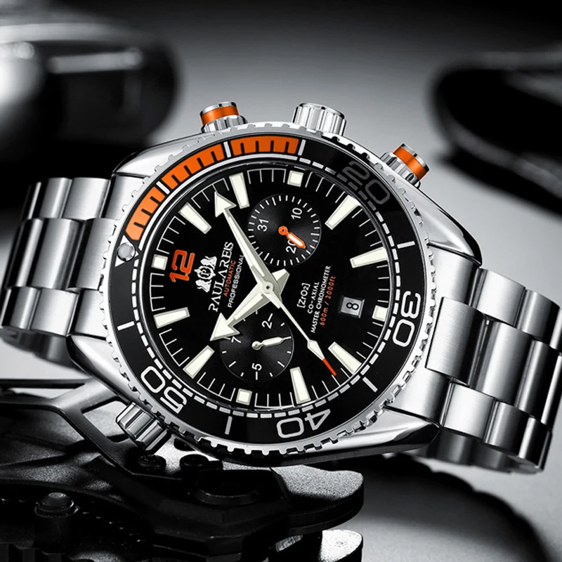 PAULAREIS P ブランドの高級自動腕時計メンズファッションカレンダー防水夜光時計ステンレス鋼機械式時計メンズ