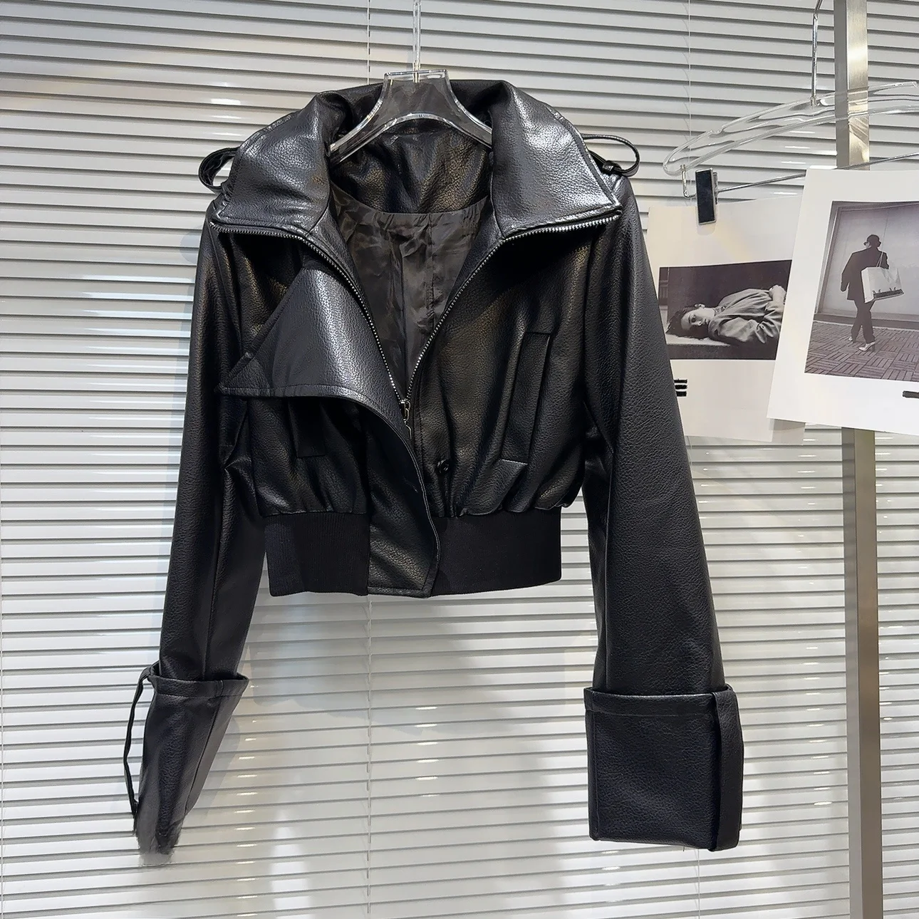 오토바이 재킷 여성 패션 2024 가을 시즌 PU 가죽 지퍼 빅 칼라 핫 걸 슬레 롱 슬리브 스트레이트 컷