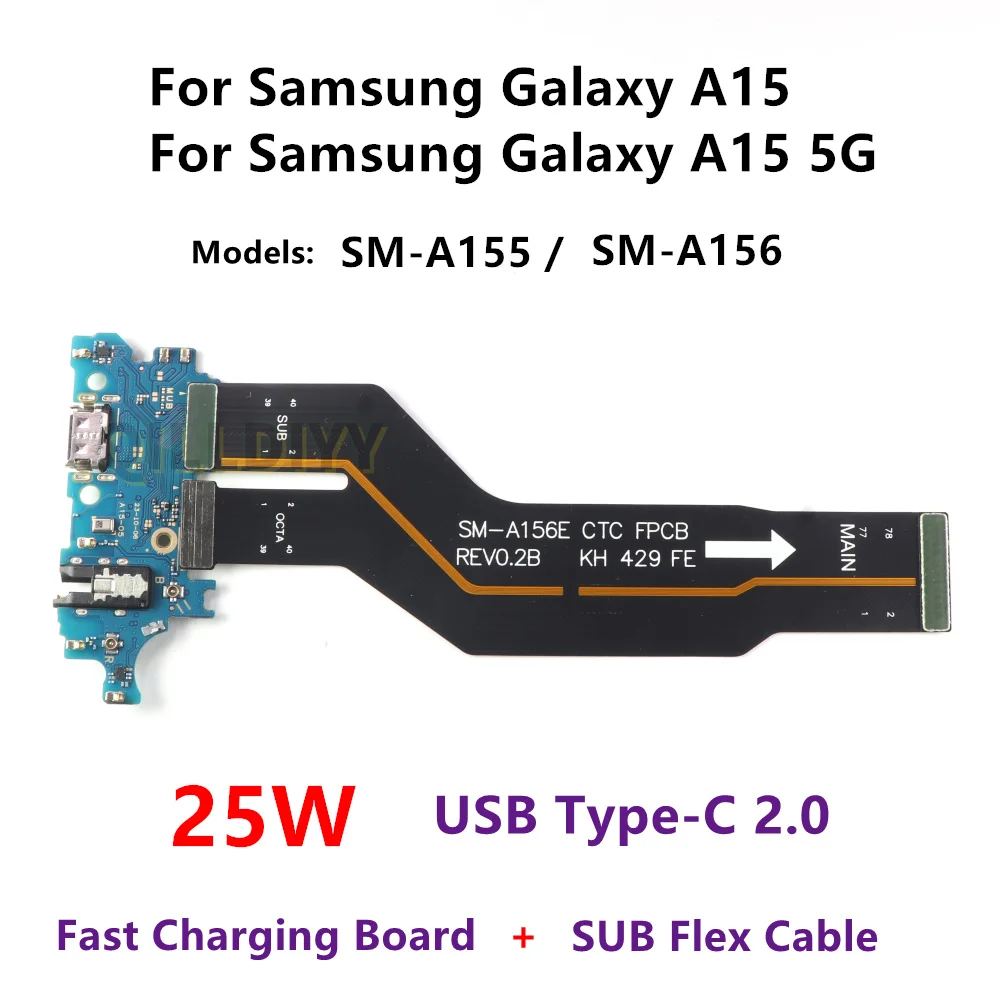 Fast Charger Main Charging Port Board For Samsung Galaxy A15 5G SM-A155 A156 A156E Motherboard Connect USB Dock SUB Flex Cable