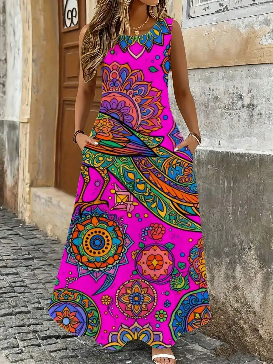 

Sleeveless Maxi Dress Pink Boho Mandala Print Summer Beach Vacation Wear