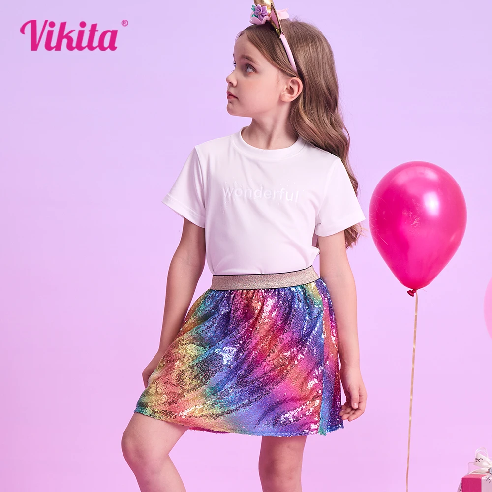 

VIKITA Girls Rainbow Sequined Appliqued Skirt Kids Stage Performance Birthday Party Prom Gown Princess Skirts Children Clothing