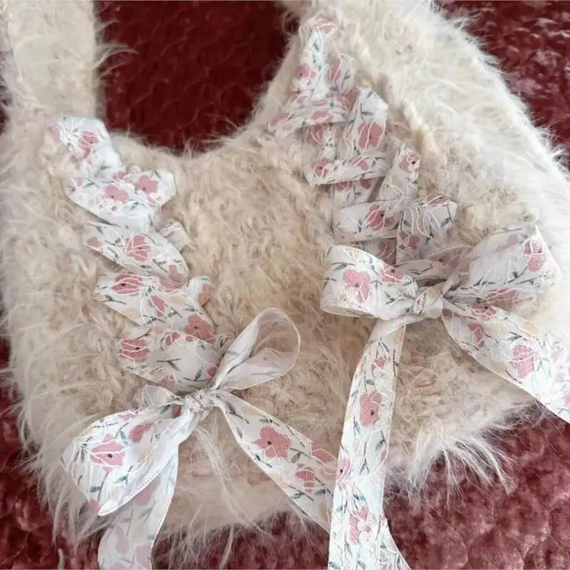 Bloom Fairycore Pink Shoulder Bags Women Sweet Lace Bow Chic Knitted Female Vintage Cute Underarm Bag Handbag Aesthetic