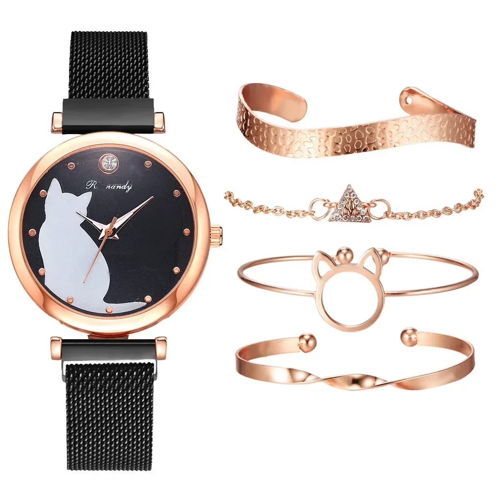 5 unids/set de relojes para Mujer, conjunto de pulsera de oro rosa, Reloj magnético con patrón de gato, pulsera para Mujer, relojes de pulsera, Reloj de cuarzo para Mujer