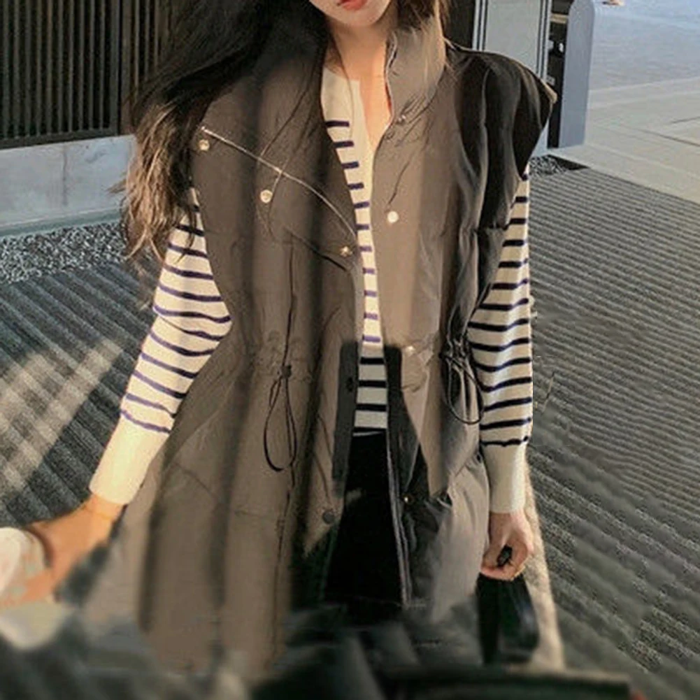 For Versatile Outerwear Gathered Waist Jacket Women Down Vest For Daily Commute Pure Color Sleeveless Coat Down Vest