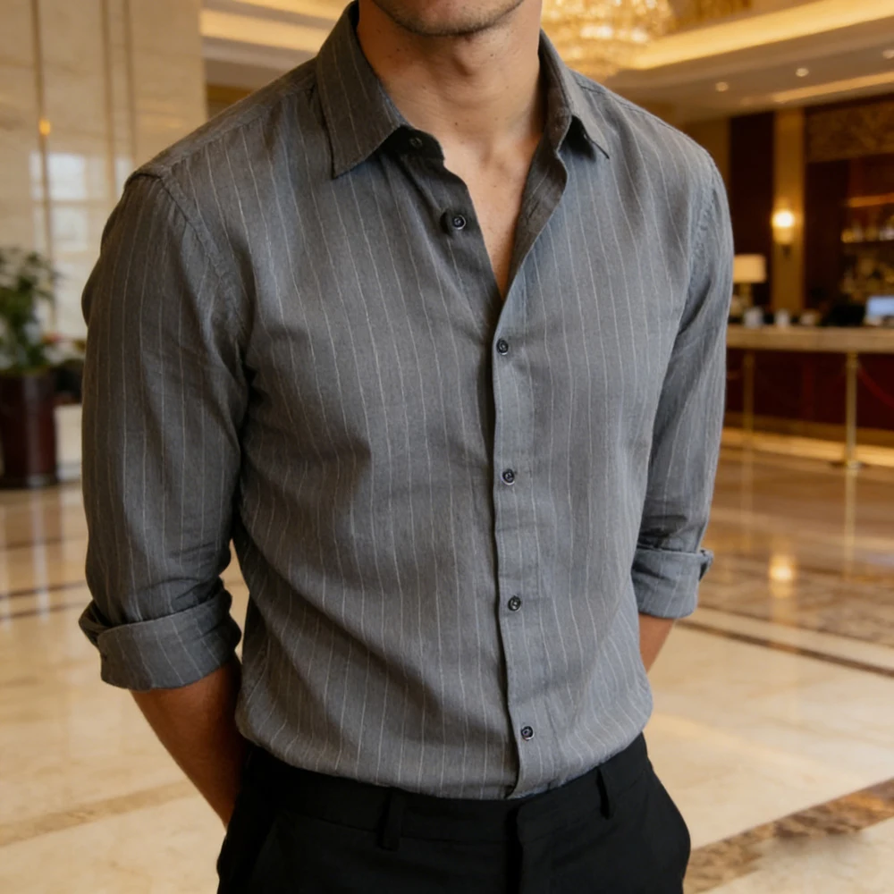 Chemise noire décontractée pour hommes, couleur unie, tissu en lin à manches longues, chemise formelle d'affaires, tissu confortable pour hommes