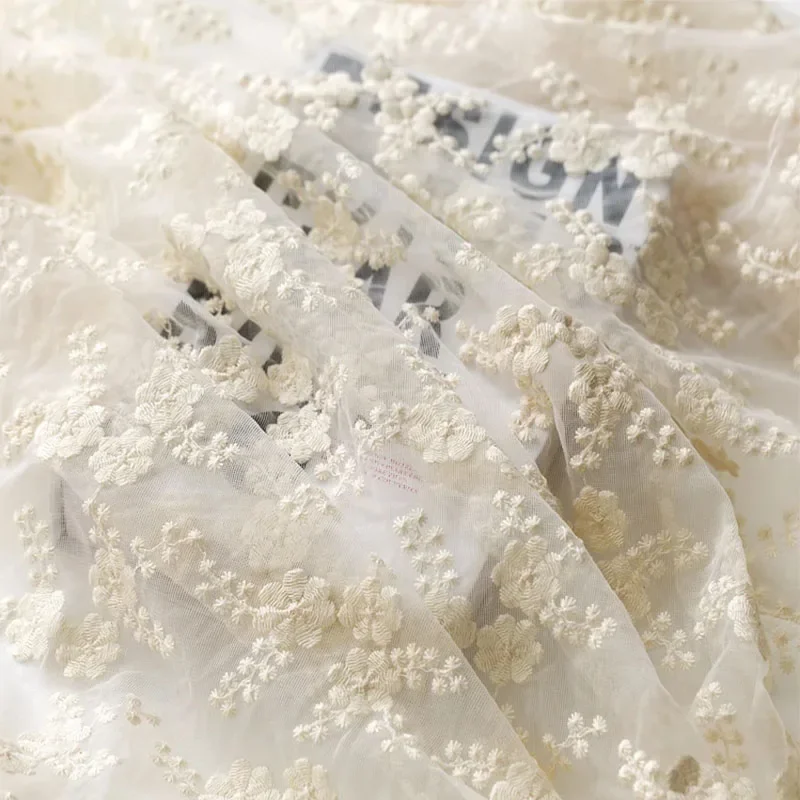 125x50cm Tulle Soft Beige White Embroidery Mesh Lace Fabric, Making Children's Clothing Dress Handmade DIY Cloth Sewing Material