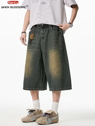 2025 Summer Men's Wide Leg Jeans Shorts Vintage Distressed Wash Y2K Straight Elastic Waist Loose Casual Relaxed Fit