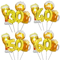 5pcs Beer Cups Balloon Beer Cheers Gold Number Foil Balloons Women Men 30th 40th 50th 60th Birthday Party Anniversary Decoration