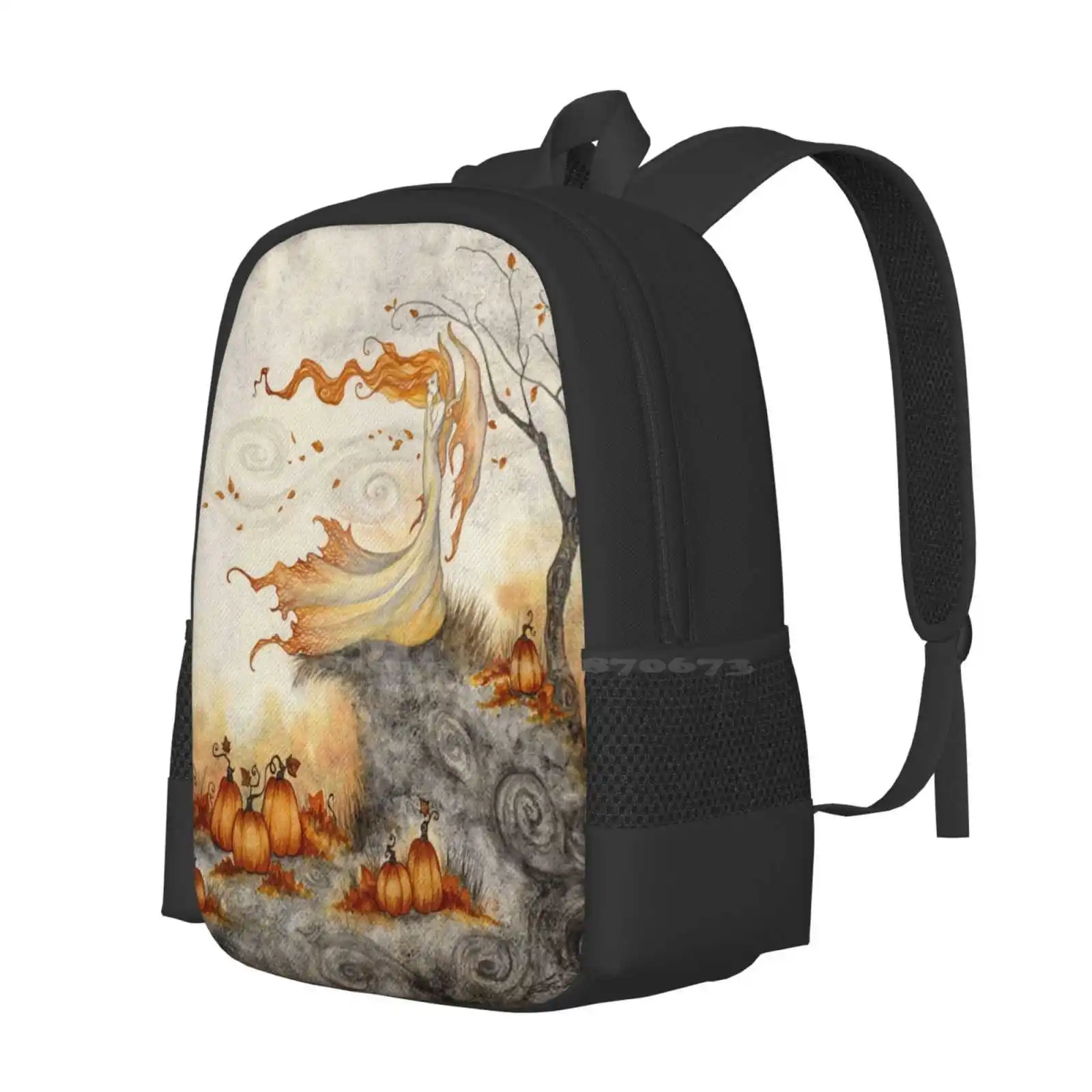 Whispers In The Pumpkin Patch 3d Print Design Backpack Student Bag Pumpkin Fairy Amy Brown Fall Autumn Halloween Orange Crow