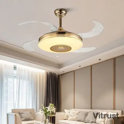 Gold Retractable Ceiling Fan Light with Hidden Blades for Dining Room 42-inch Golden