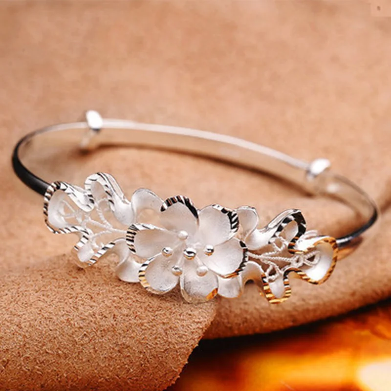 Stylish Sweet Bauhinia Adjustable Silver Bracelet, Women's Flower Vera Bracelet