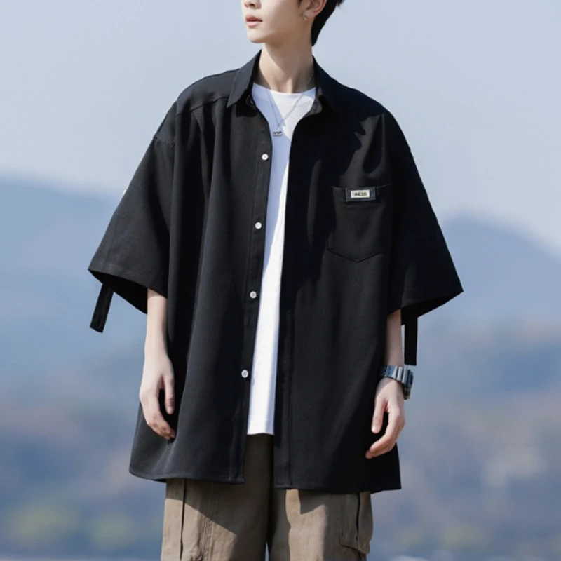 Mens Lapel Collar Chest Pocket Ribbon Decor Oversized Loose Fit Short Sleeve Button Shirt